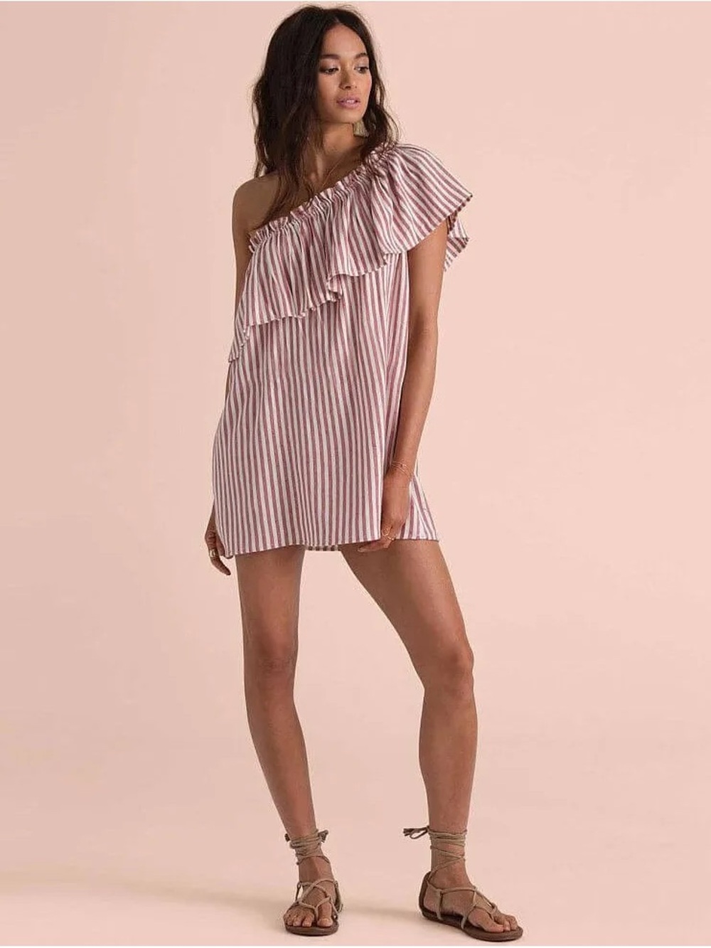 Billabong One-Shoulder Ruffle Stripe Mini Dress - Pink & White
